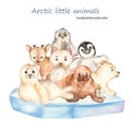 Watercolor card with cute cartoon arctic little animals Royalty Free Stock Photo