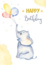 Watercolor card with cute cartoon baby elephant and air balloons Royalty Free Stock Photo