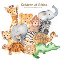 Watercolor card with cute characters of African animals.