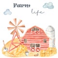 Watercolor card cute farm, barn, windpump, hay, spade, bucket
