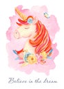 Watercolor card with cute kids cartoon unicorn.