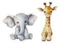 Watercolor card with cute kids toys giraffe, elephant Royalty Free Stock Photo