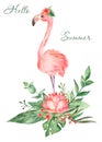 Watercolor card with cute pink flamingos and tropical plants Royalty Free Stock Photo