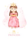 Watercolor card with cute princess in crown in pink Little princess Royalty Free Stock Photo