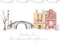 Watercolor card with European city, stone bridge, winter, birthday, tree, street lamp, snowdrifts