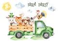 Watercolor card with farm animals donkey, goose, chicken, frog, rooster in a farm truck