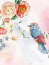 Watercolor card of flower bouquet with peony, ranunculus and song bird. Hand painted composition of floral elements Royalty Free Stock Photo