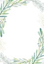 Watercolor card with forest branches and leaves inspired by garden greenery and plants. Botanic composition for greeting cards