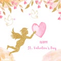 Watercolor card with a golden angel, arrows, hearts, ribbons, doves.