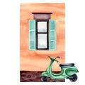 Watercolor card with green scooter and lemon branch with house. Hand drawn illustration isolated on white background. Royalty Free Stock Photo