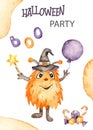 Watercolor card halloween party with monster, balloon, sweets, magic wand