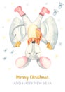 Watercolor card happy christmas cute rat snow angel Royalty Free Stock Photo