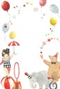 Watercolor card illustration with girl on the ball, elephant, bear on bicycle, circus design. Perfect for invitations