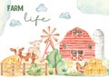 Watercolor card life of a farmer with cute horse, lamb, chicken, barn, hay