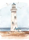 Watercolor card with lighthouse and house, sea, seascape, seagulls, seashore