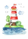 Watercolor card with a lighthouse, sea, trees, clouds, seagulls Royalty Free Stock Photo