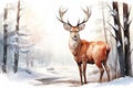 watercolor card of a majestic antlered deer in the winter snowy forest