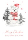 Watercolor card Merry christmas with cute polar bear sitting with cocoa in winter forest Royalty Free Stock Photo