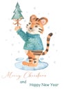 Watercolor card Merry Christmas with Christmas tiger with tree, new year, symbol of the year 2022