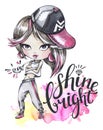 Watercolor card with modern girl. Calligraphy words Shine Bright.