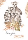 Watercolor card mom and baby lemurs with a bouquet of dried flowers love you mom