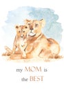 Watercolor card mom and baby lions with African landscape my mom is the best