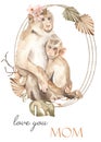 Watercolor card mom and baby monkey with dried flowers frame love you mom Royalty Free Stock Photo