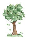 Watercolor card with money tree, green bills, dollars, euros, falling money for postcards Royalty Free Stock Photo