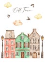 Watercolor card with old houses, lanterns, birds, clouds Royalty Free Stock Photo