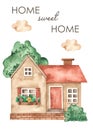 Watercolor card with old houses, tree, bush, clouds, home sweet home Royalty Free Stock Photo