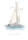 Watercolor card postcard Sea is calling with sea catamaran in the ocean and seagulls