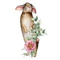 Watercolor card with rabbit and flower bouquet. Hand painted rabbit, rose, artichoke, buds and leaves isolated on white