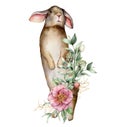 Watercolor card with rabbit and golden flower bouquet. Hand painted rabbit, rose, artichoke, buds and leaves isolated on