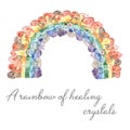 Watercolor card with rainbow of healing color crystals