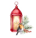 Watercolor card with robin, lantern and Christmas floral decor. Hand painted bird, traditional fir branch and berry
