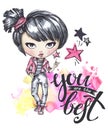 Watercolor card with rocker girl. Calligraphy words You are the Best.