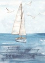 Watercolor card with sailboat, yacht, ship, sea, seascape, seagulls, The sea is waiting