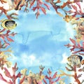 Watercolor card with sea, coral and fish. Hand painted underwater frame with coral branches. Tropical sea life