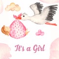 Watercolor card with stork and newborn cute baby girl