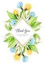 Watercolor card template. Thank you text in rhomb frame with golden glitter. Floral composition with yellow and blue