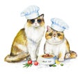 Watercolor card with two cats in chef`s caps, bowl with food and