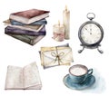 Watercolor card with vintage books, envelopes and cup of coffee. Hand painted stack of books, candle and table clock Royalty Free Stock Photo