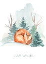 Winter forest, animal sleeping fox in the snow Cozy winter. Watercolor hand drawn card Royalty Free Stock Photo