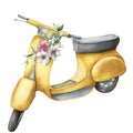 Watercolor card with yellow scooter and anemones bouquet. Hand painted summer illustration with pink and white flowers Royalty Free Stock Photo