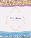 Watercolor cards with gold glitter texture, confetti and geometric polygonal lines frames. Modern abstract cover design.