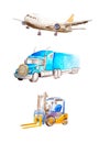 Watercolor cargo plane, classic American lorry truck trailer and forklift. On a white background isolated for business Royalty Free Stock Photo