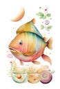 Watercolor carp fish and food spices, abstract fantasy watercolor