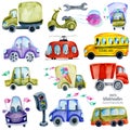 Watercolor cars and elements collection, illustration for kids