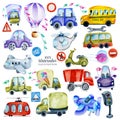 Watercolor cars, road signs and elements collection, illustration for kids