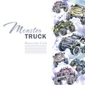 Watercolor cars vertical border. Cartoon Monster Trucks frame. Colorful Extreme Sports background. 4x4. Off Road. Man`s